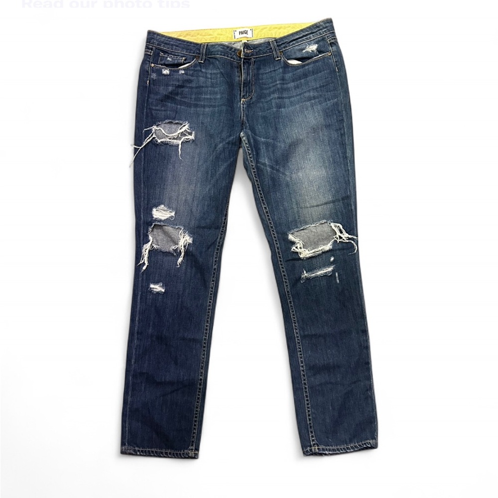PAIGE Blue Straight Leg Jeans with Distressed Details Size 32”